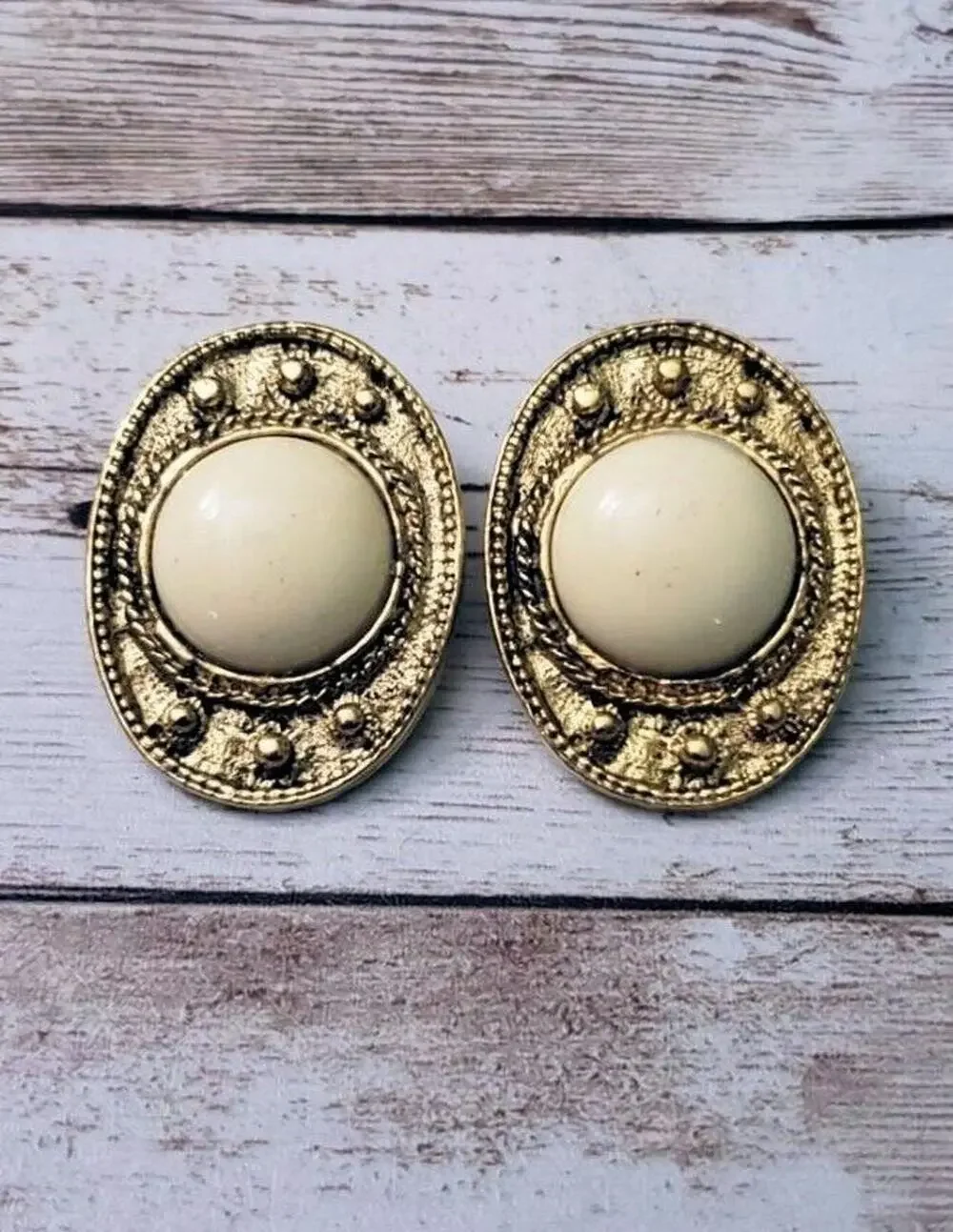 Vintage Clip On Earrings Statement Oval Shape Cream & Gold Tone Large