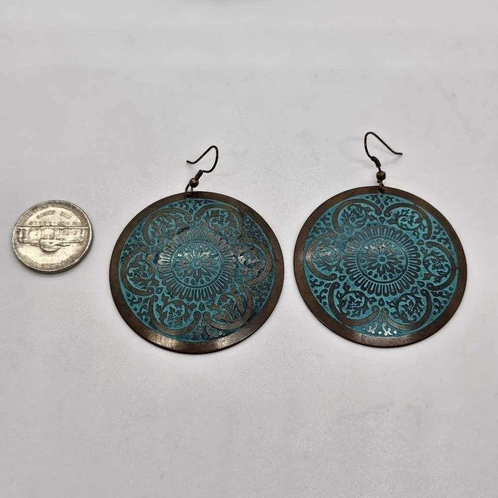 copper and turquoise blue mandala disk earrings