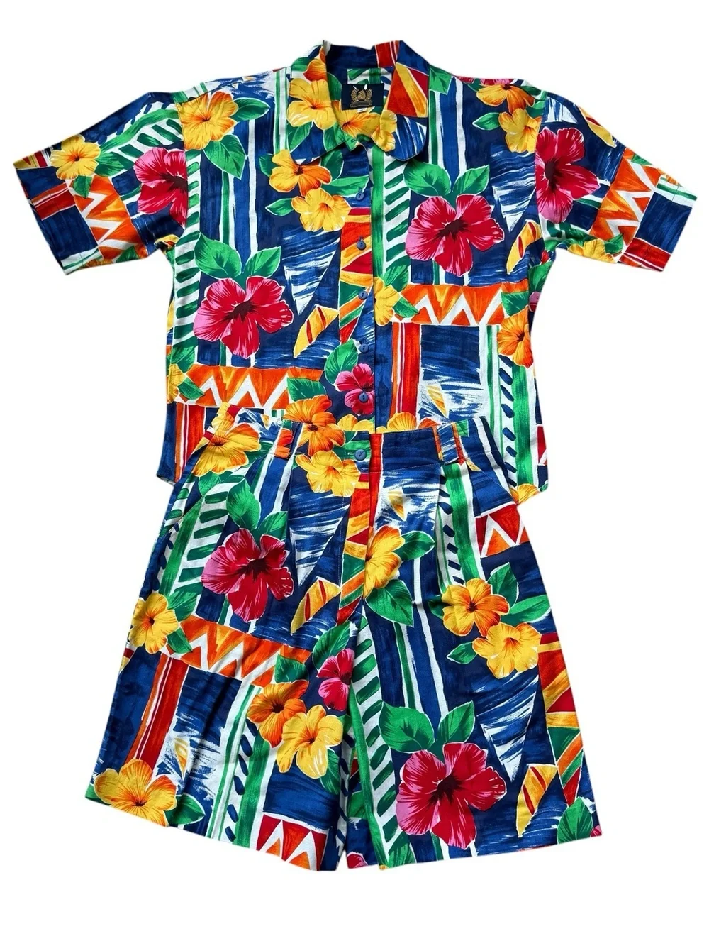 VTG Tropical Floral Two Piece Set Hawaiian Shirt Shorts Matching Resort Set Sz 8