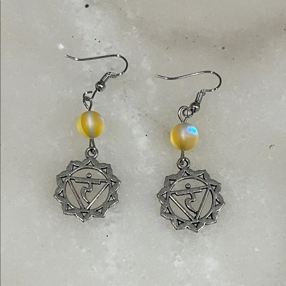 Chakra Silver Charm and Yellow Earrings Meditation Yoga Jewelry
