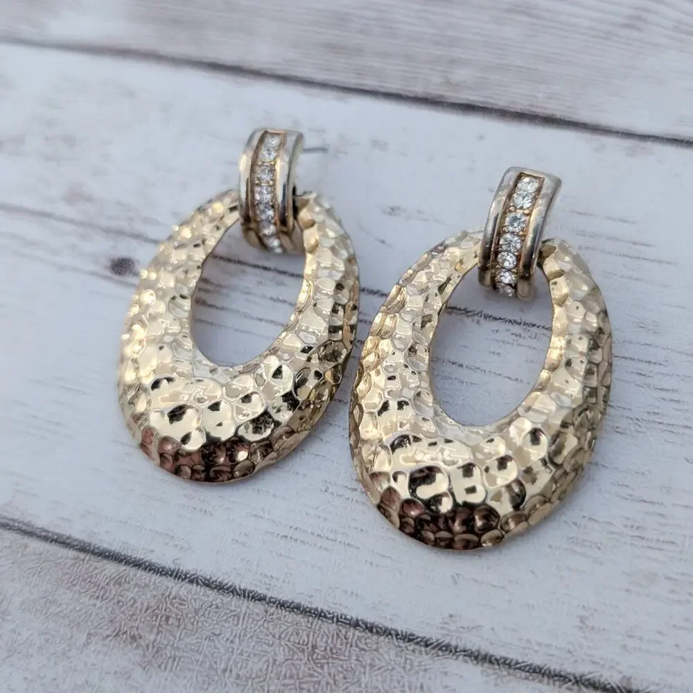 Vintage Stud Earrings Statement Gold Tone Hammered Design with Clear Gems