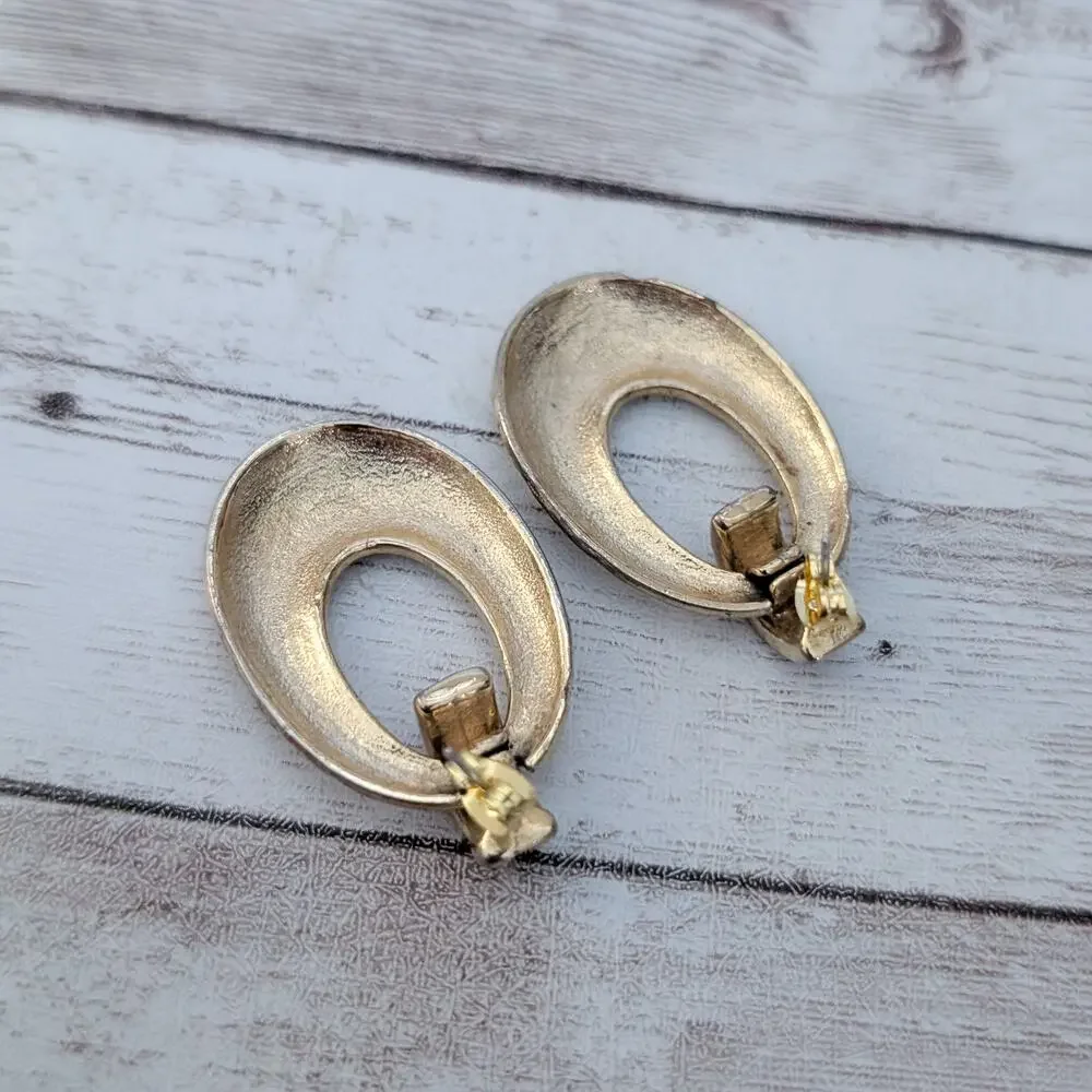 Vintage Stud Earrings Statement Gold Tone Hammered Design with Clear Gems