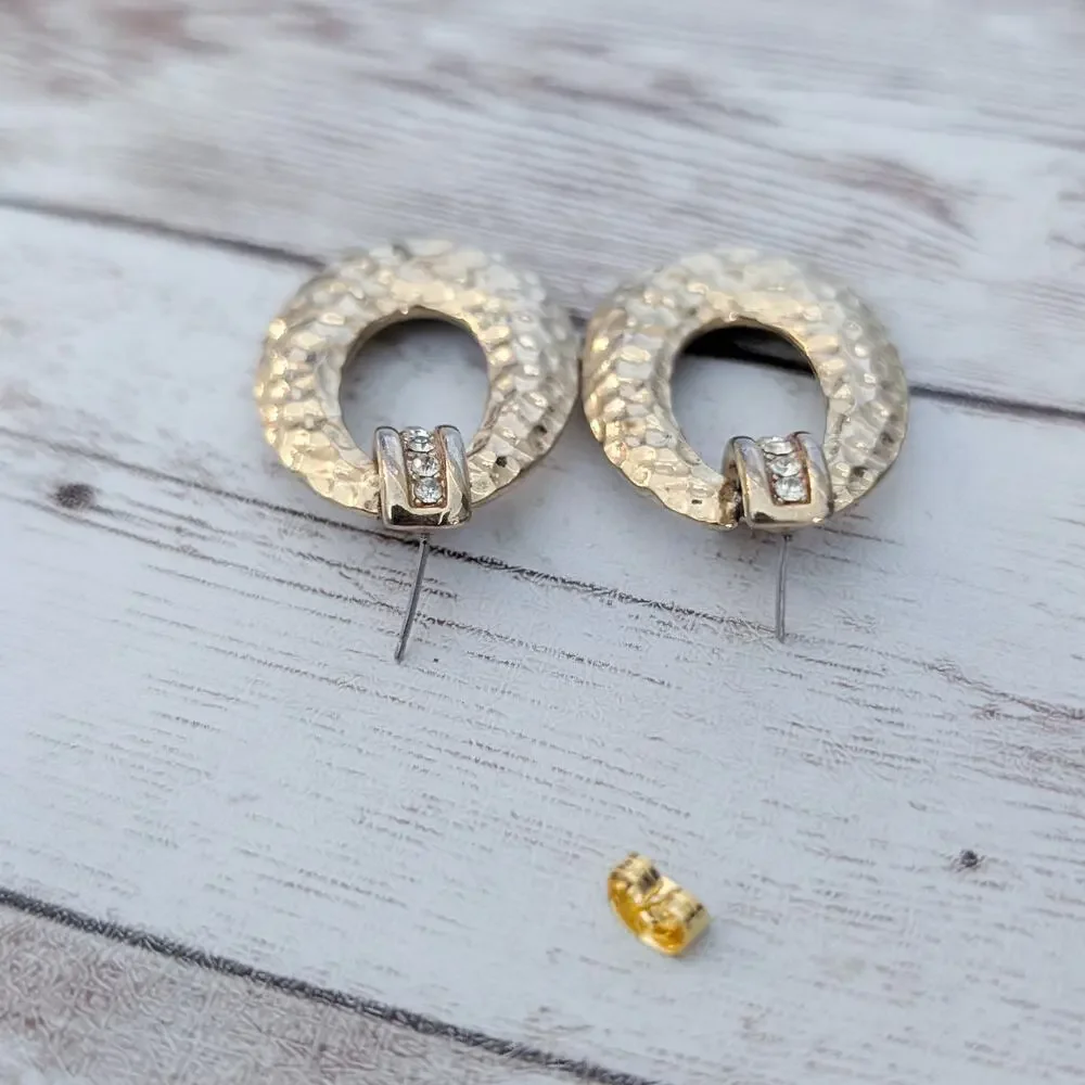 Vintage Stud Earrings Statement Gold Tone Hammered Design with Clear Gems