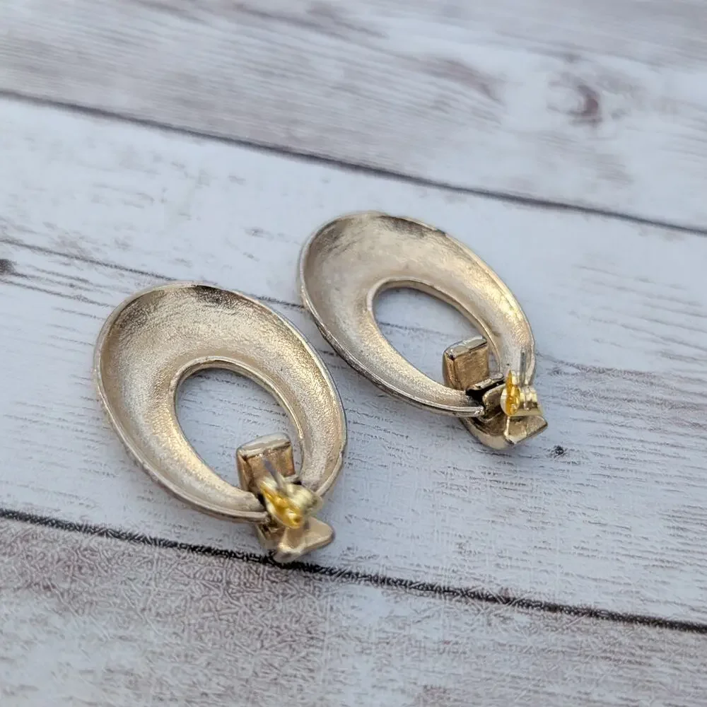 Vintage Stud Earrings Statement Gold Tone Hammered Design with Clear Gems