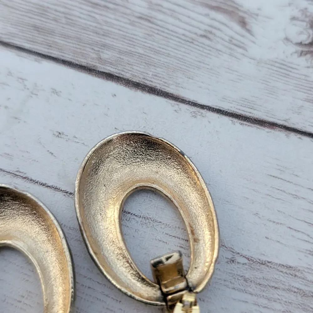 Vintage Stud Earrings Statement Gold Tone Hammered Design with Clear Gems