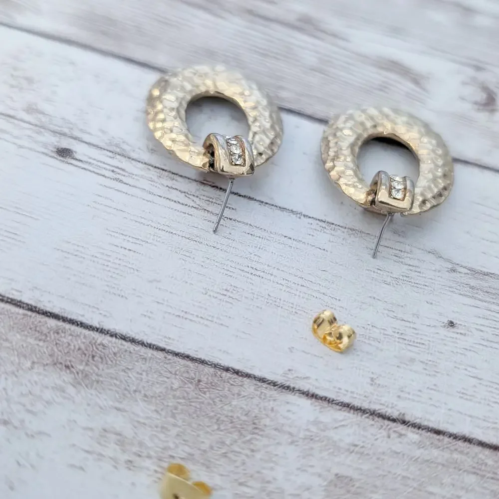 Vintage Stud Earrings Statement Gold Tone Hammered Design with Clear Gems