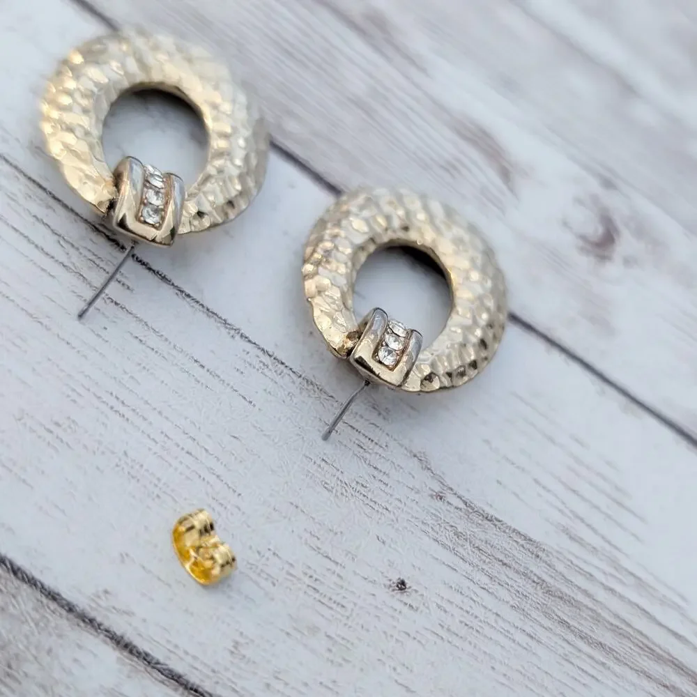 Vintage Stud Earrings Statement Gold Tone Hammered Design with Clear Gems