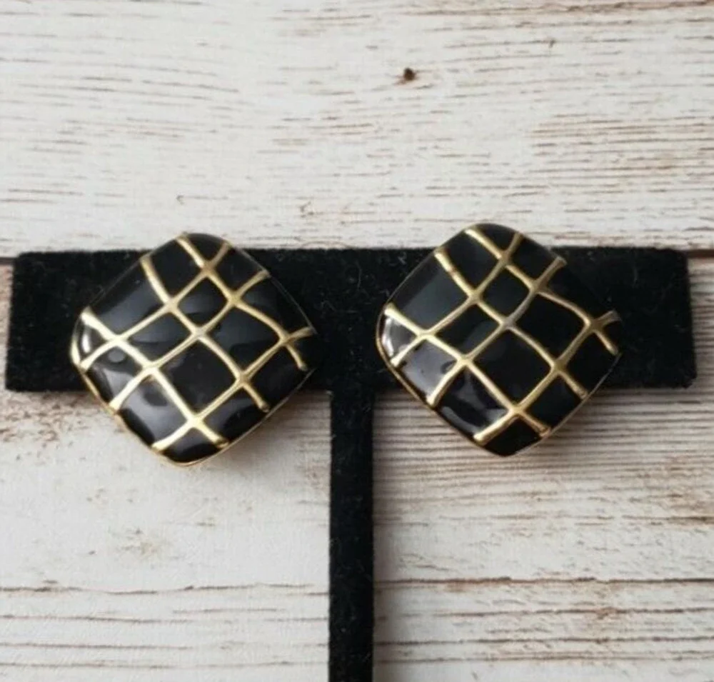 Vintage Clip On Earrings Large Black with Gold Tone Lattice Pattern Statement