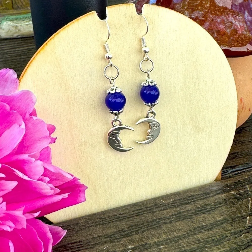 Celestial Silver and Blue Dangle Earrings with Moon Charm