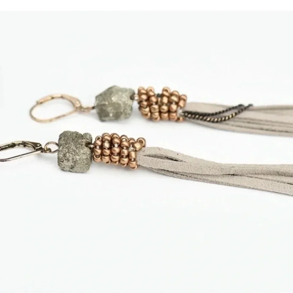1 LEFT! Hematite Nugget Leather Fringe Earrings