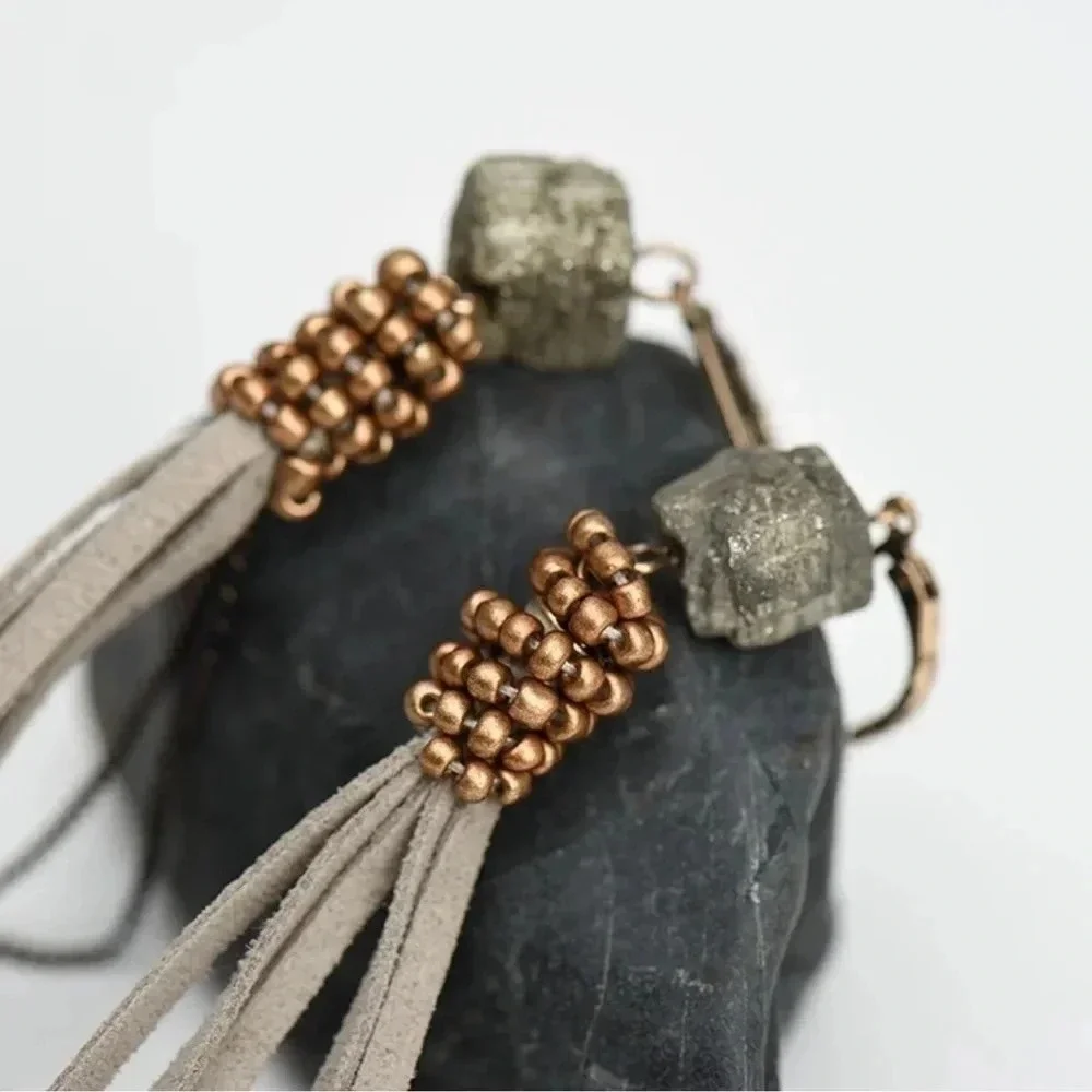 1 LEFT! Hematite Nugget Leather Fringe Earrings
