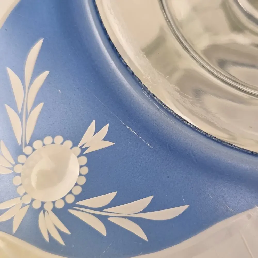 Vintage Westmoreland Crystal Blue Yellow Floral Cut Glass Sandwich Tray Dessert