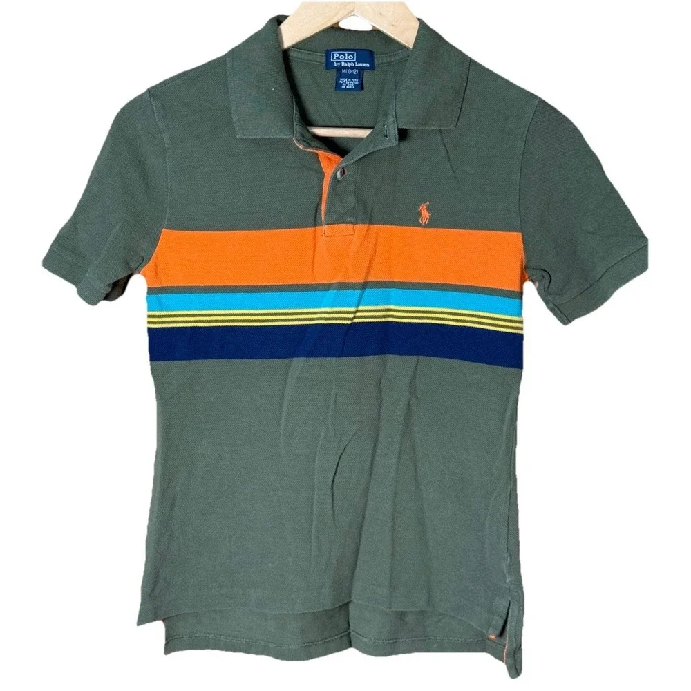 Polo Ralph‎ Lauren Polo Shirt Youth Knit Striped Colorblock Green Large 10-12