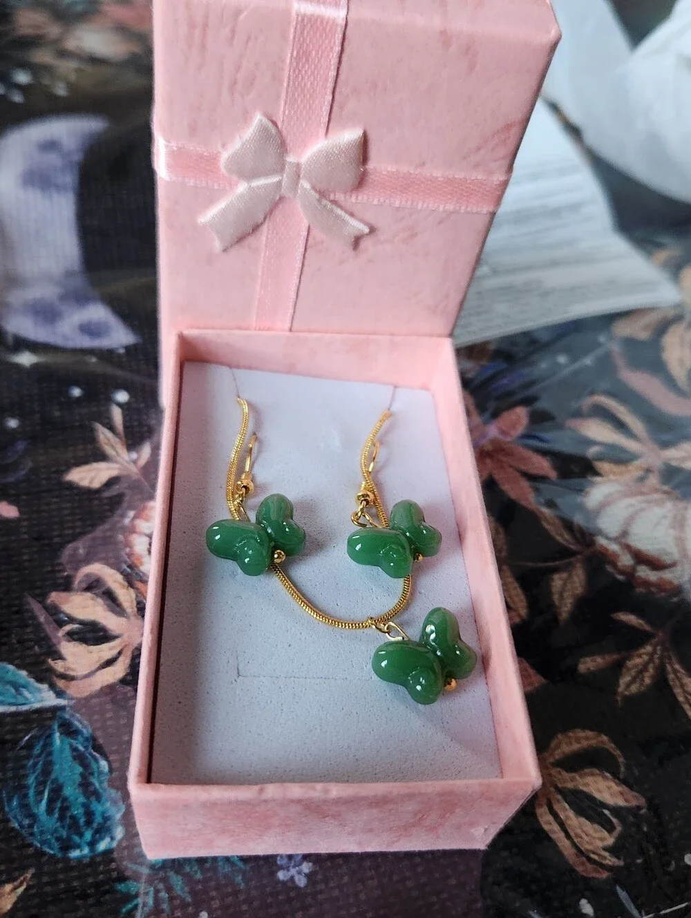 Green Glass Butterflies Necklace and Earrings Set- 24kt Over Stainless Steel
