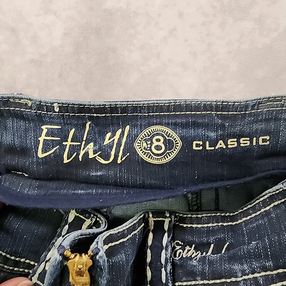Ethyl Classic Denim Mini Skirt Size 8 Dark Wash Contrast Stitch Raw Hem Stretch