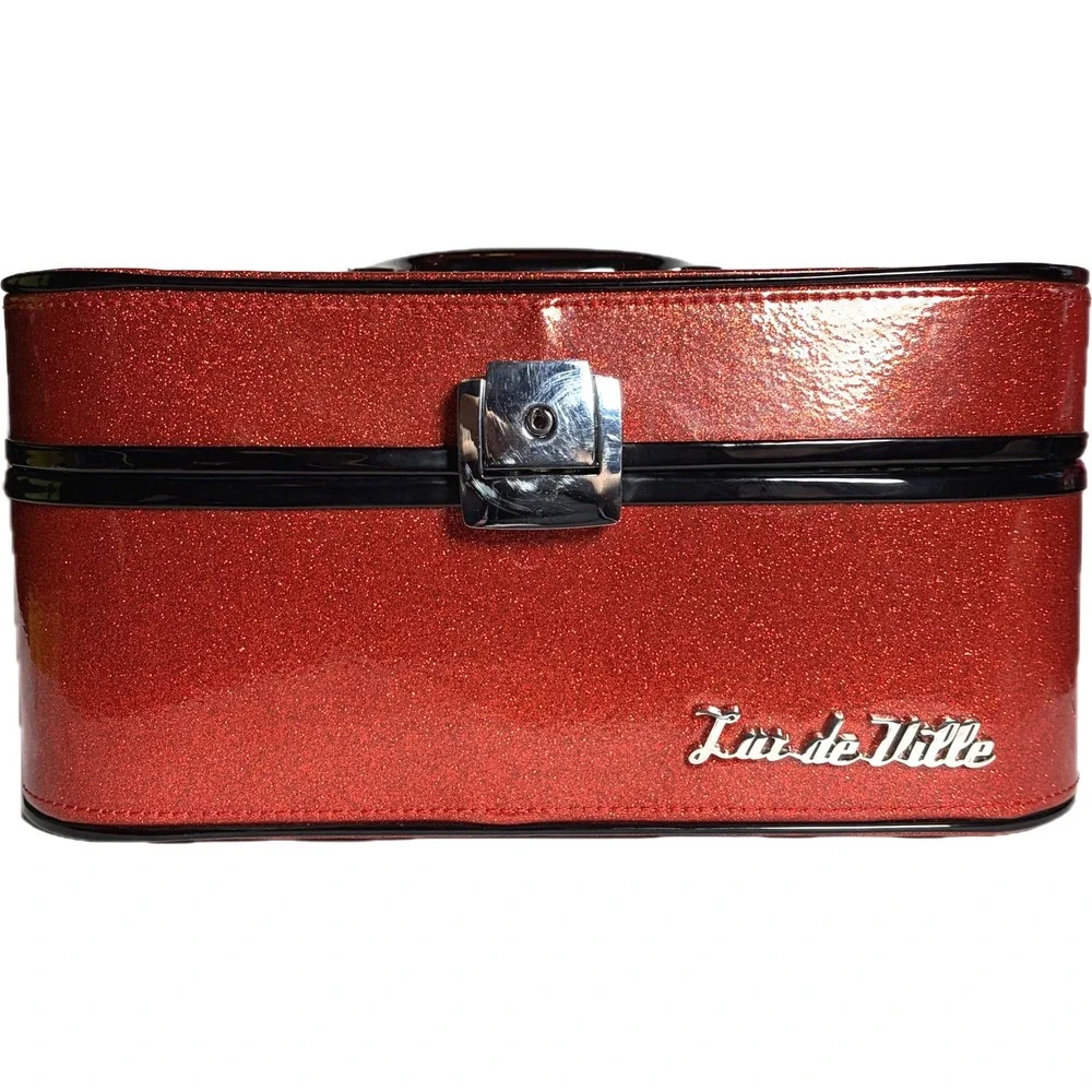 Lux de Ville Red Glitter Vanity‎ Case Leopard Print Retro Pinup Makeup Trunk Bag