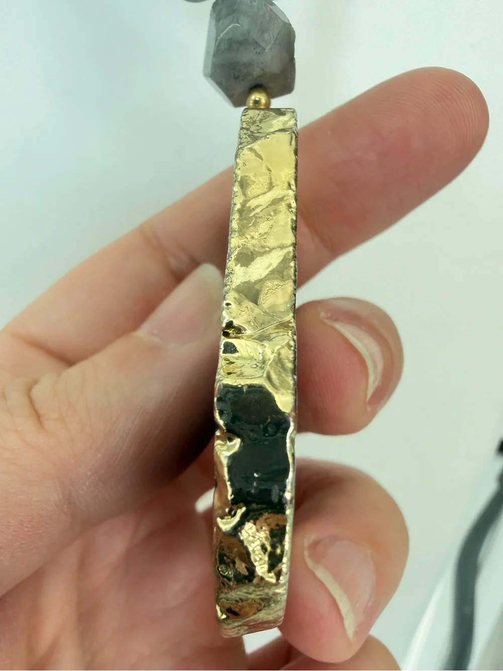 28” gold tone necklace w/ slab/druzy pendant, larvakite, and mermaid glass!
