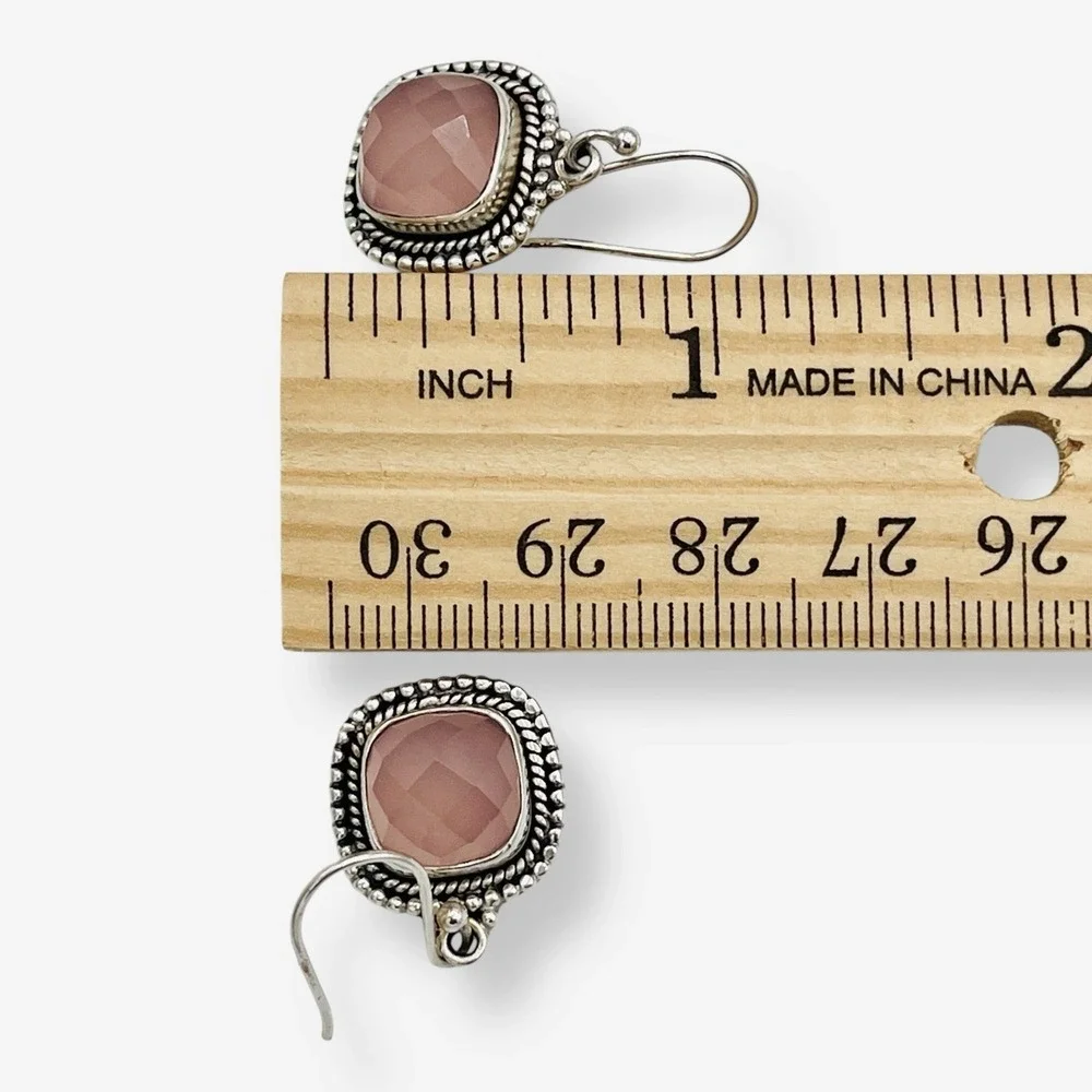 Ross Simons Rose Quartz Dangle Earring 925 Sterling‎ Silver Square Rope Faceted