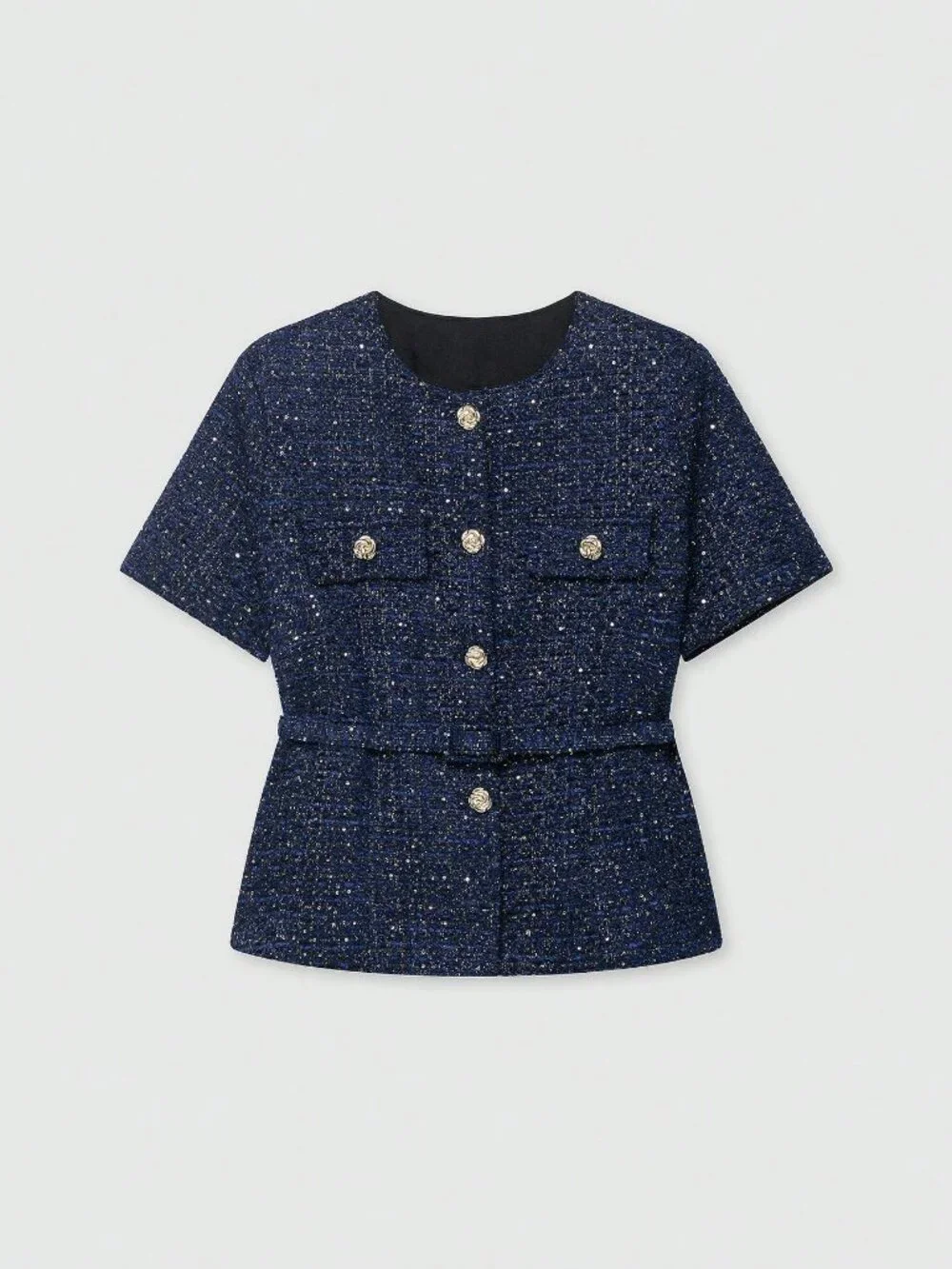 Blue Elegant Women's Button Decor Belted Short Sleeve Jacket