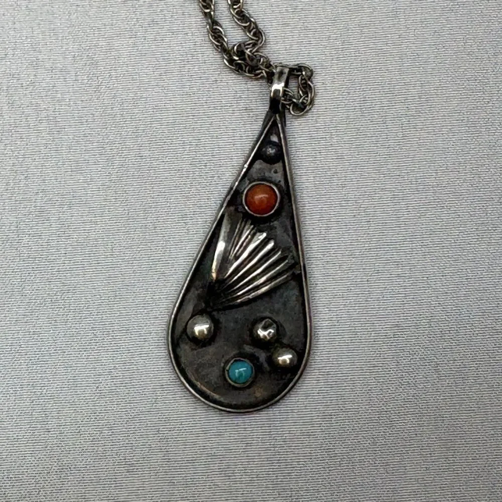 Vintage Southwestern Sterling Turquoise Coral Pitot Point Teardrop Pendant