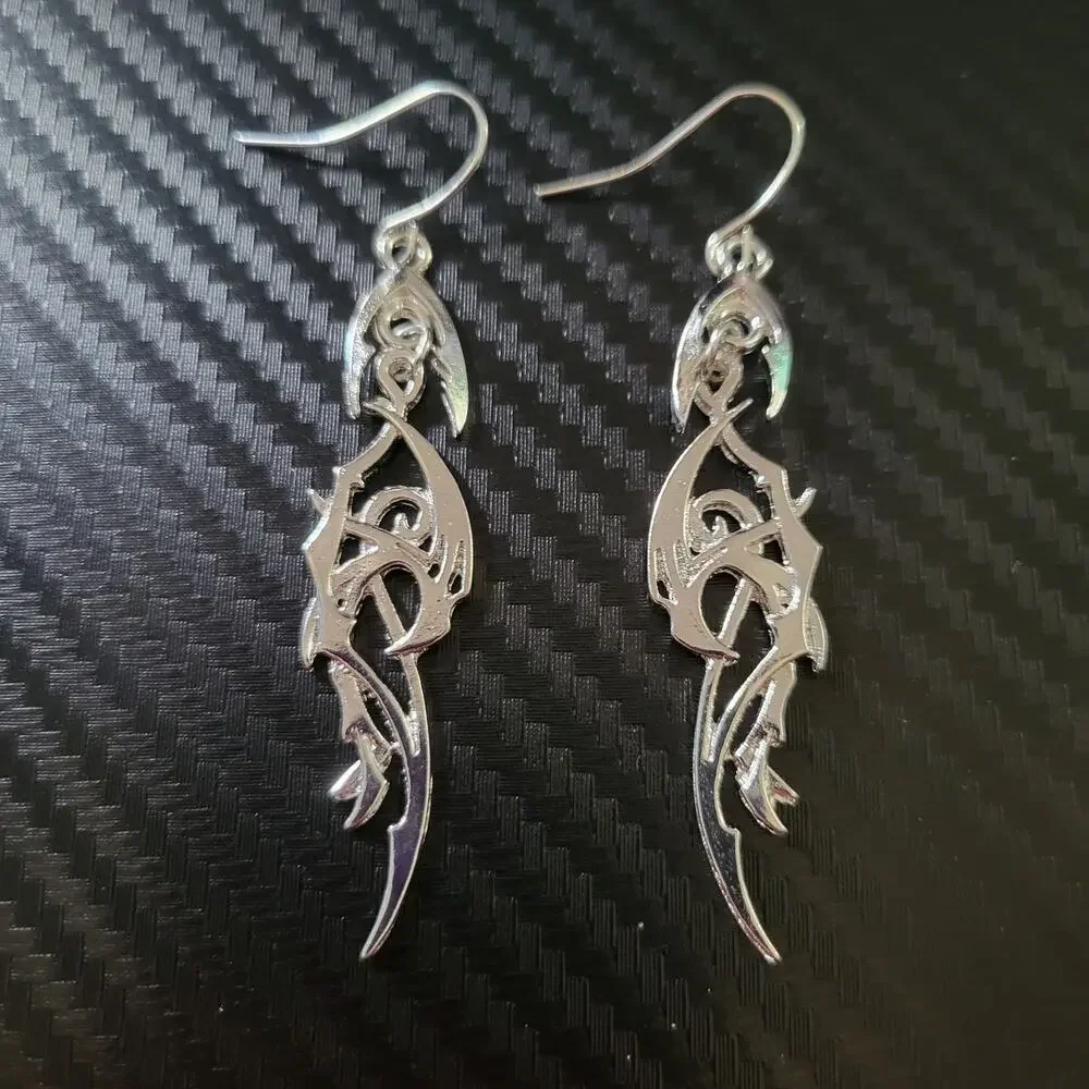 Gothic tribal silver tone hook earrings