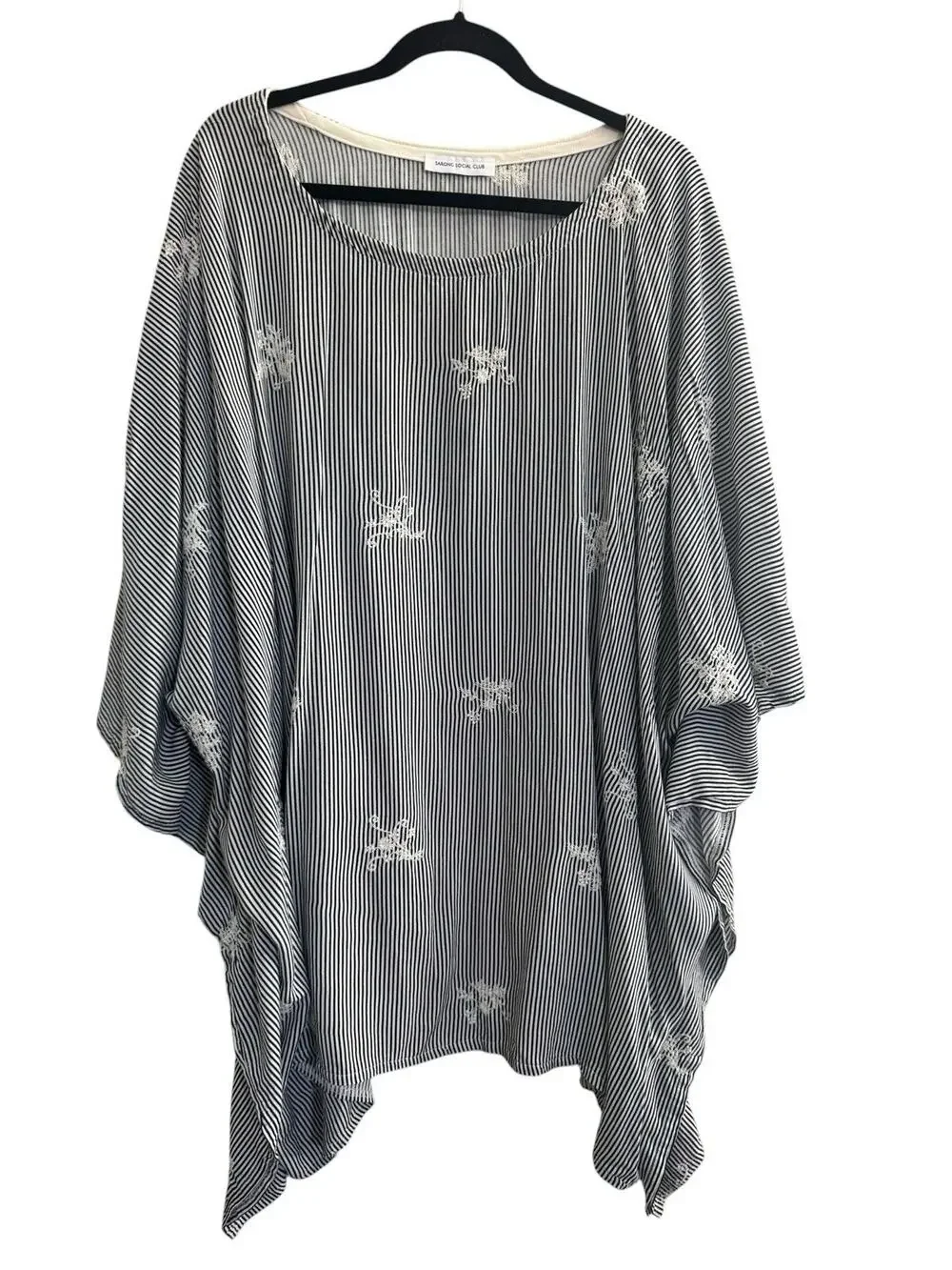 Sarong Social Club Beach Swim Coverup Tunic Poncho Blue Stripe Embroidered #7260