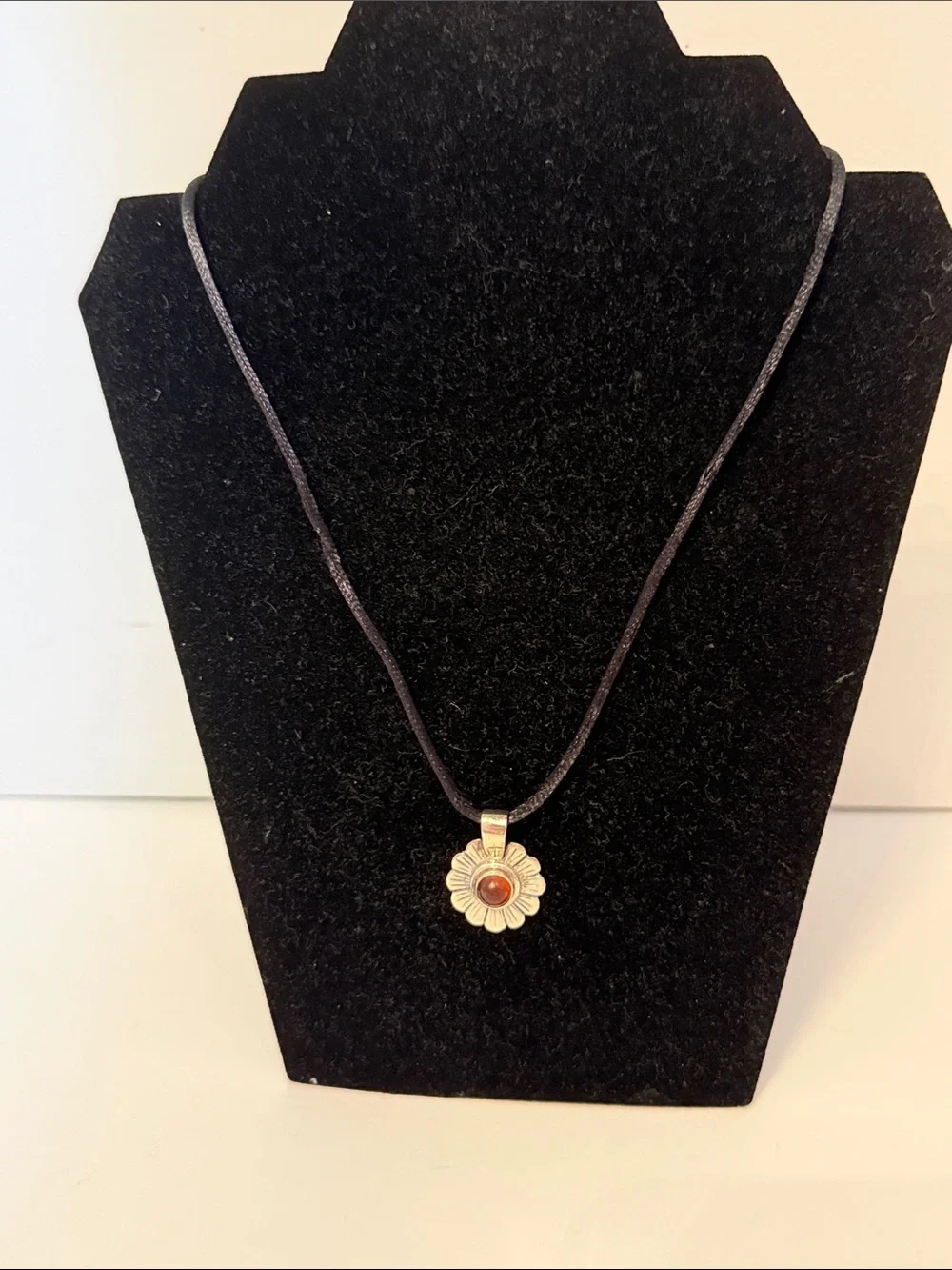 NECKLACE STERLING SILVER DAISY FLOWER PENDANT AMBER CENTER BLACK SILK CORD 17”