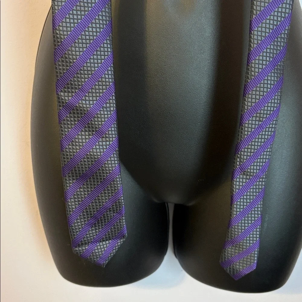 Valentino Gray Silver Purple Striped Thin Textured Necktie Tie
