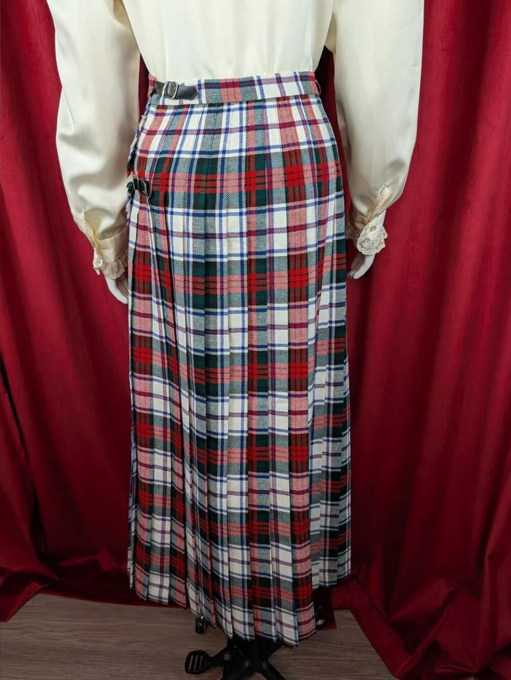 Vintage Clan Laird Made in Scotland White, Green, Blue, & Red Tartan Plaid Kilt
