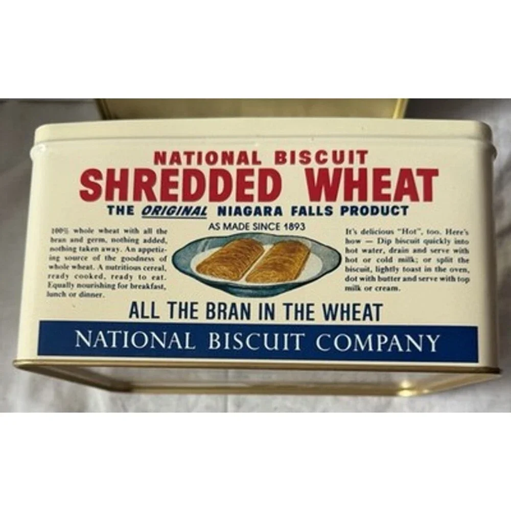 Vintage Nabisco Shredded Wheat Tin 1987 Dark Blue,Tan & Red Advertisement