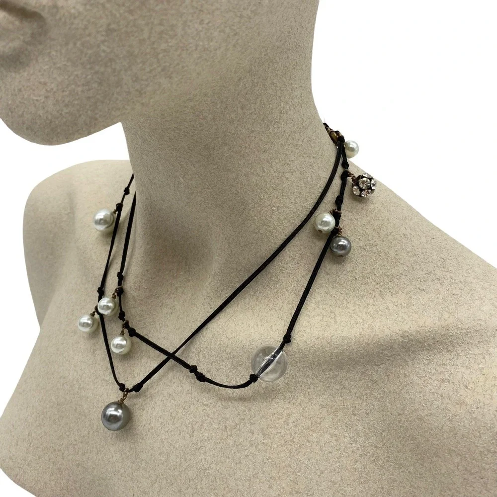 J Crew Black Corded Necklace w/ Rhinestone, Faux Pearl & Lucite Beads 36