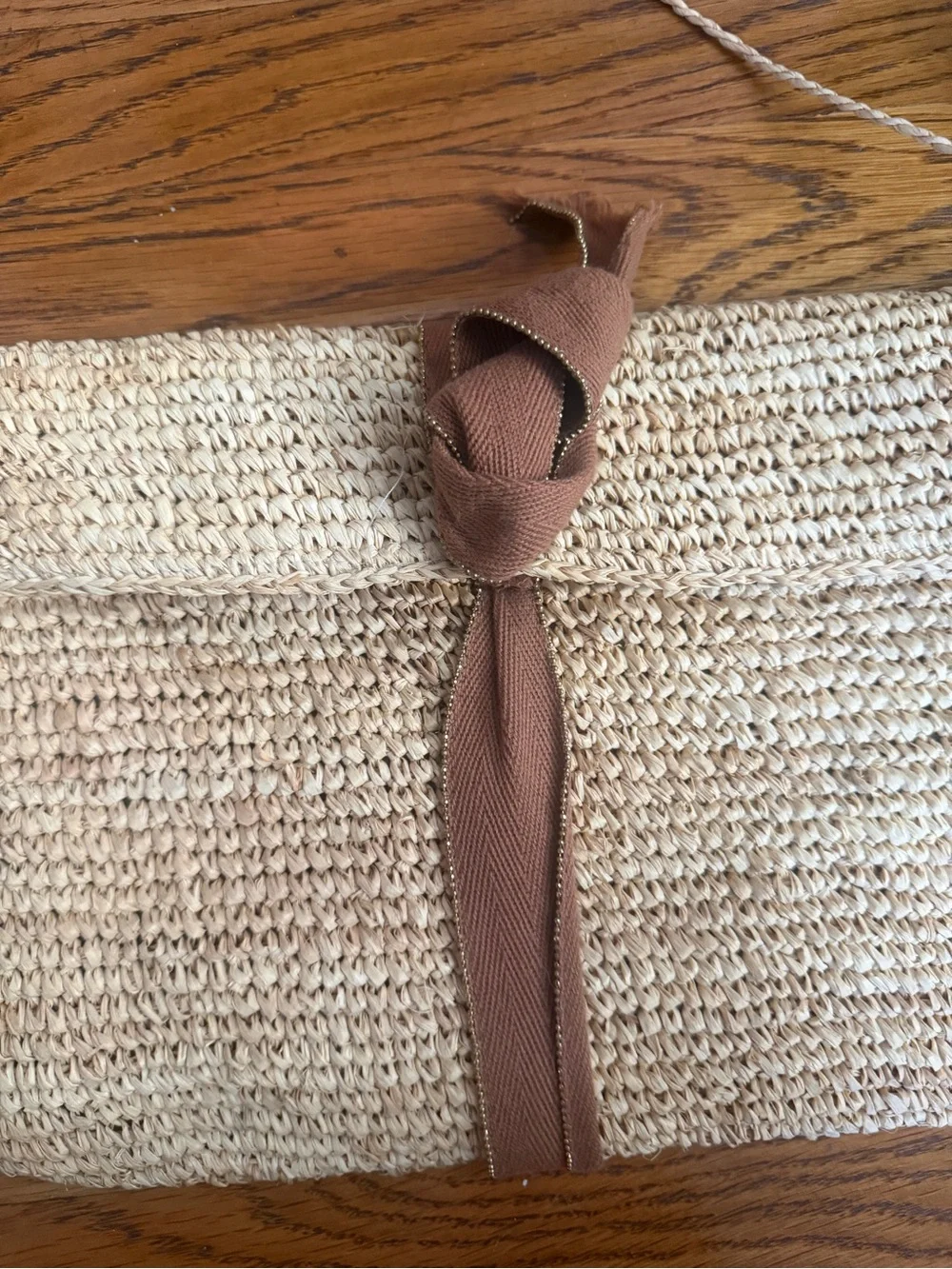 Woven Straw Crossbody Bag with Brown Ribbon - Women