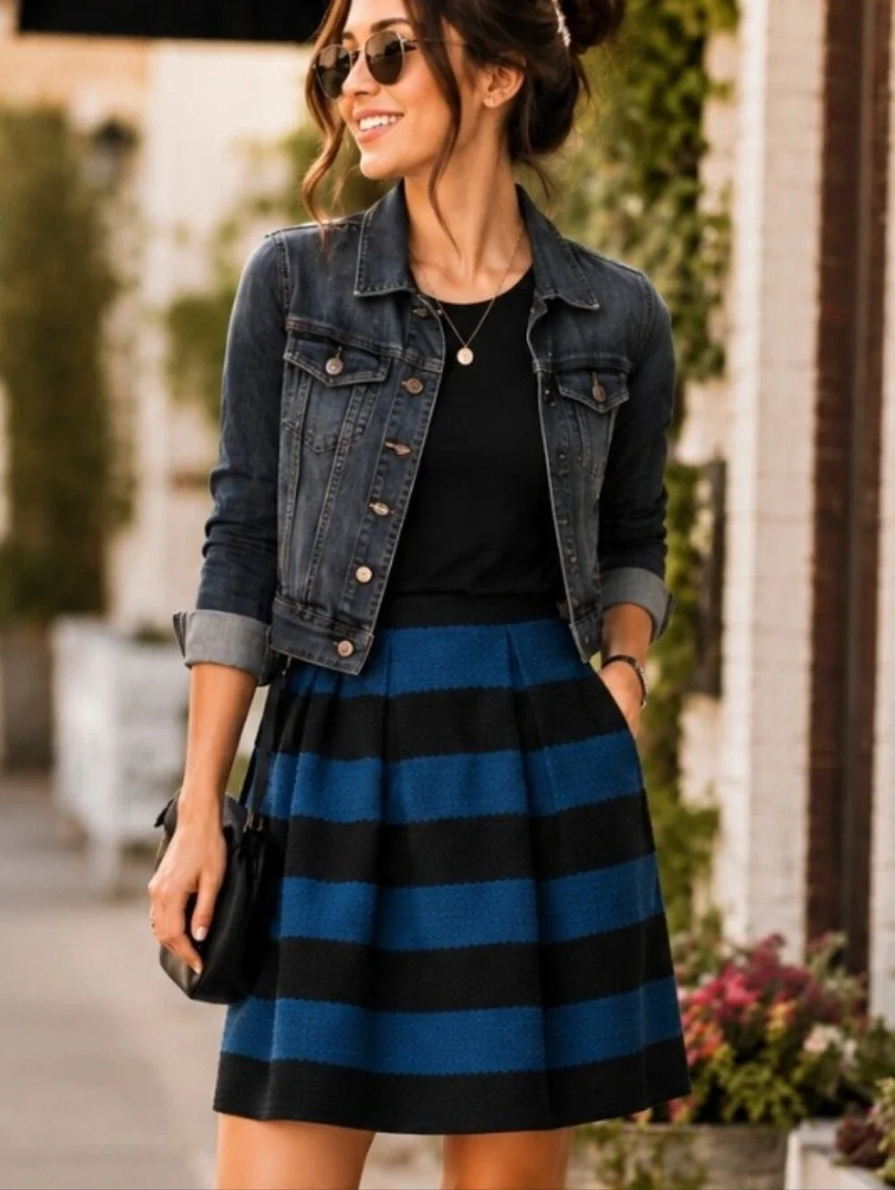 Anthropologie Girls From Savoy Blue Black Stripe Textured Skirt XS Preppy