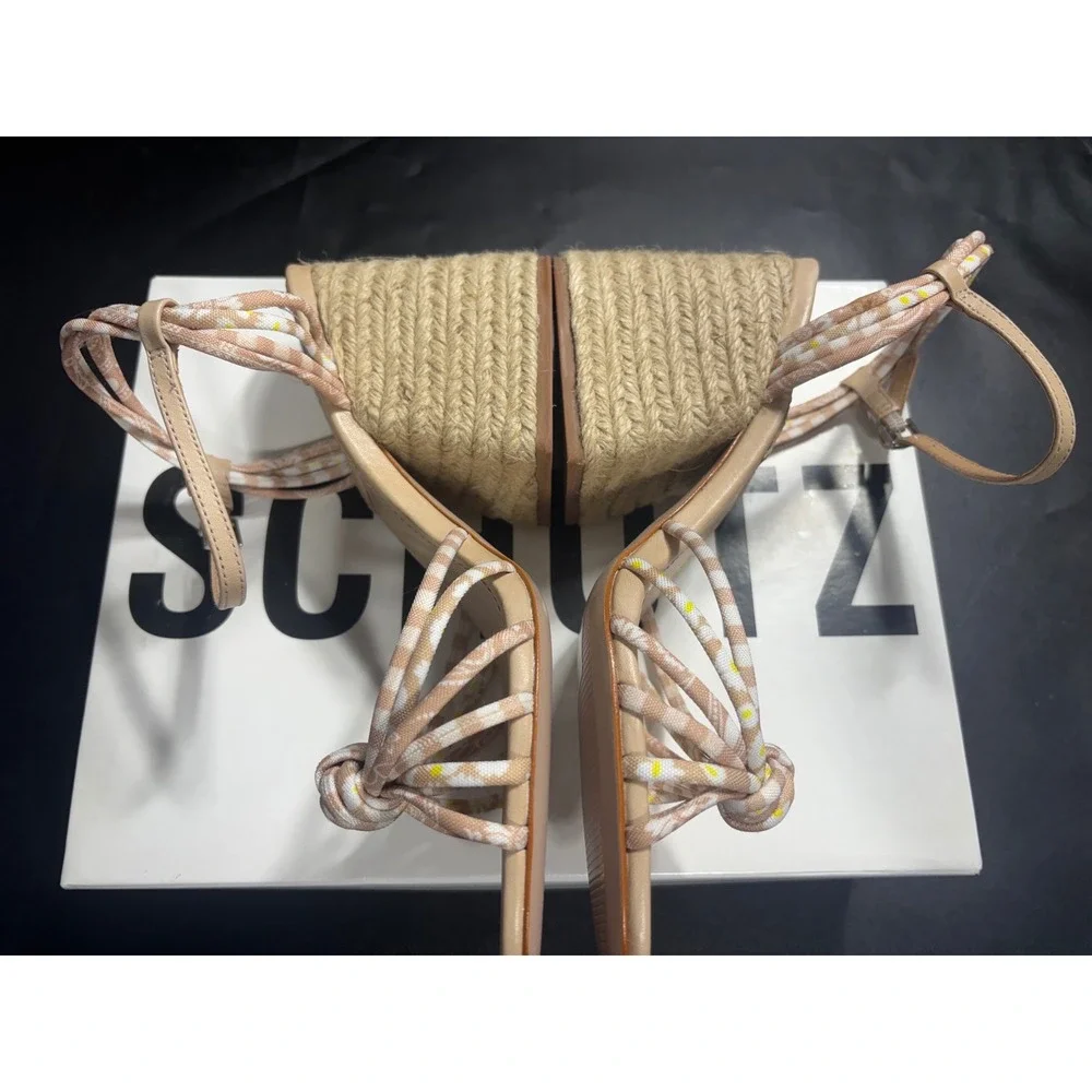 Schutz Dahra Multi Nude Gingham Floral Espadrille Block Heel Sandals 8.5B NEW