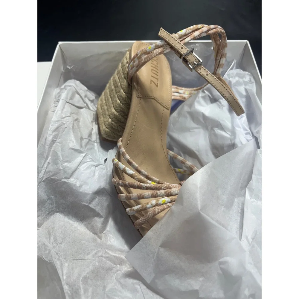 Schutz Dahra Multi Nude Gingham Floral Espadrille Block Heel Sandals 8.5B NEW