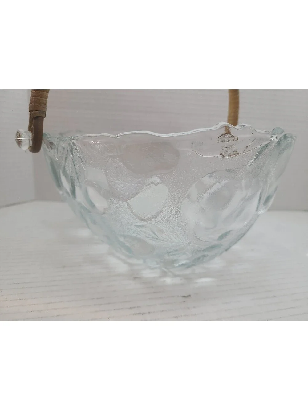 Mid Century Modern Embossed Clear Pressed Glass Fruit Basket Bowl Rattan Handle