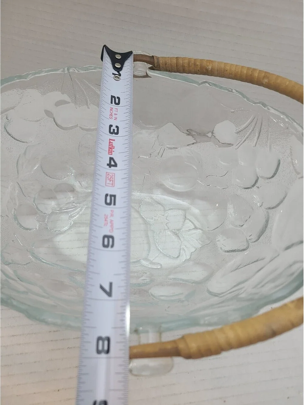 Mid Century Modern Embossed Clear Pressed Glass Fruit Basket Bowl Rattan Handle