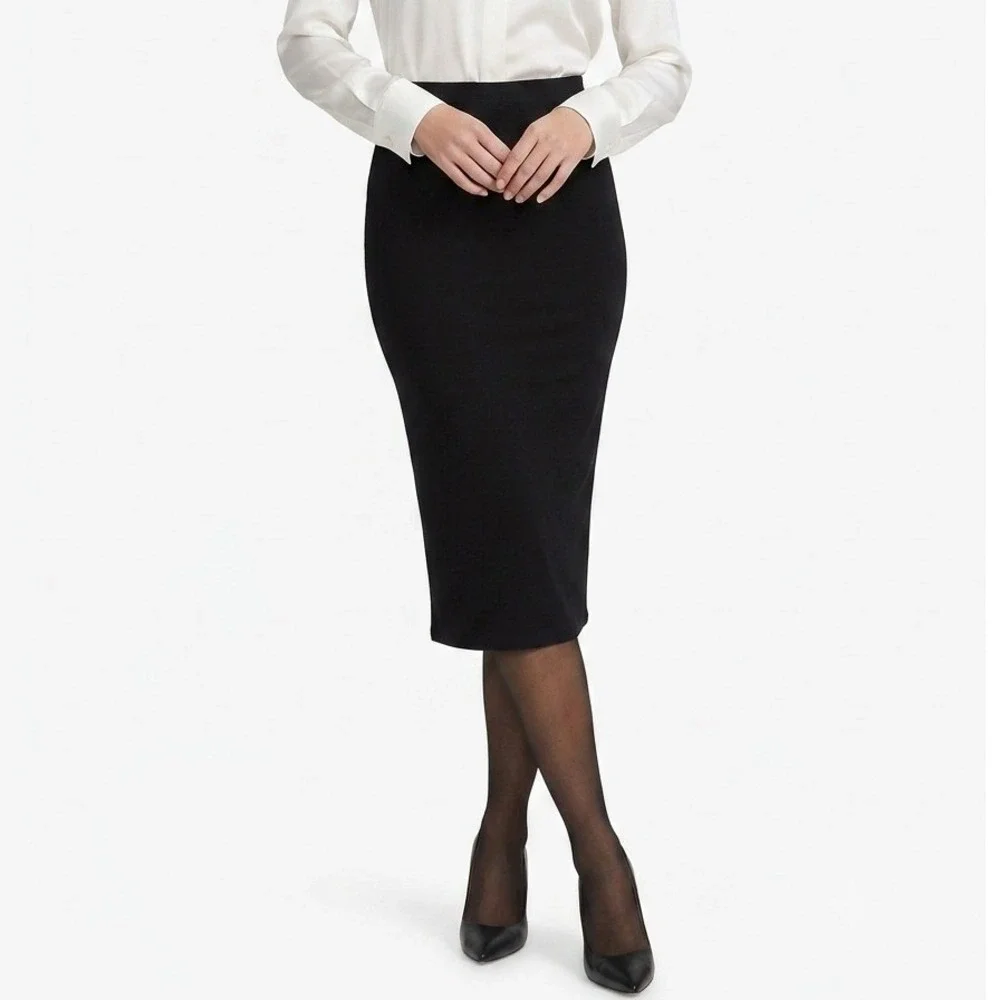 Leith High Waisted Midi Pencil‎ Skirt Stretch Bodycon Solid Black Medium