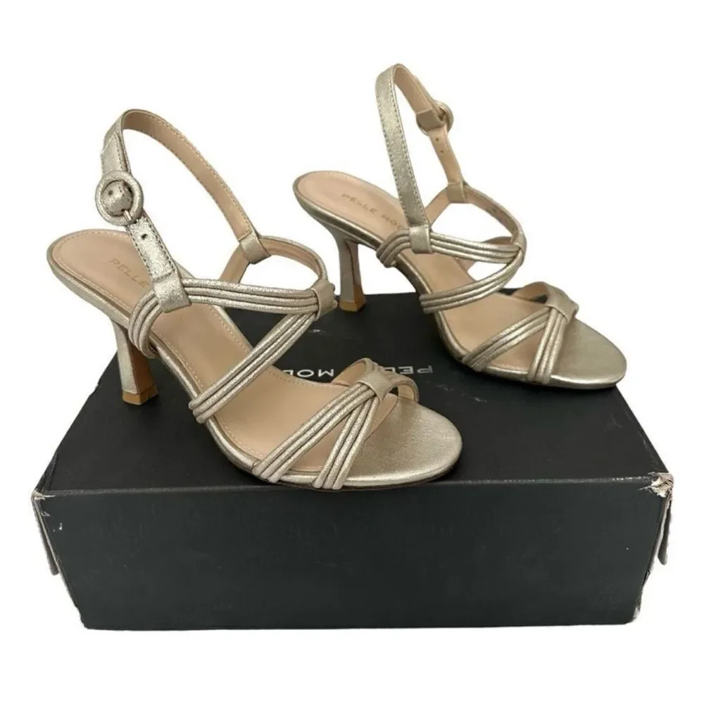 Pelle Moda Platinum Gold Metallic Strappy Slingback Heels Sandals Women's Size 7
