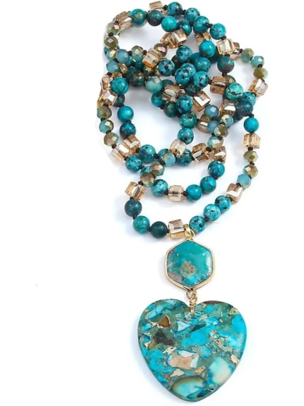 Boho Beaded Pendant Necklace for Women & Men - Natural Turquoise & Tiger Eye