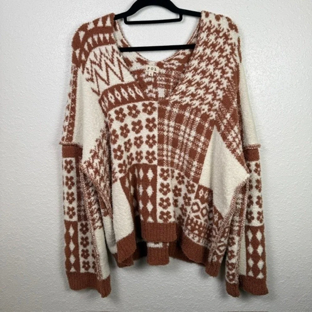 POL Oversized Patchwork Sweater Fuzzy V-Neck Geometric Floral Rust Large