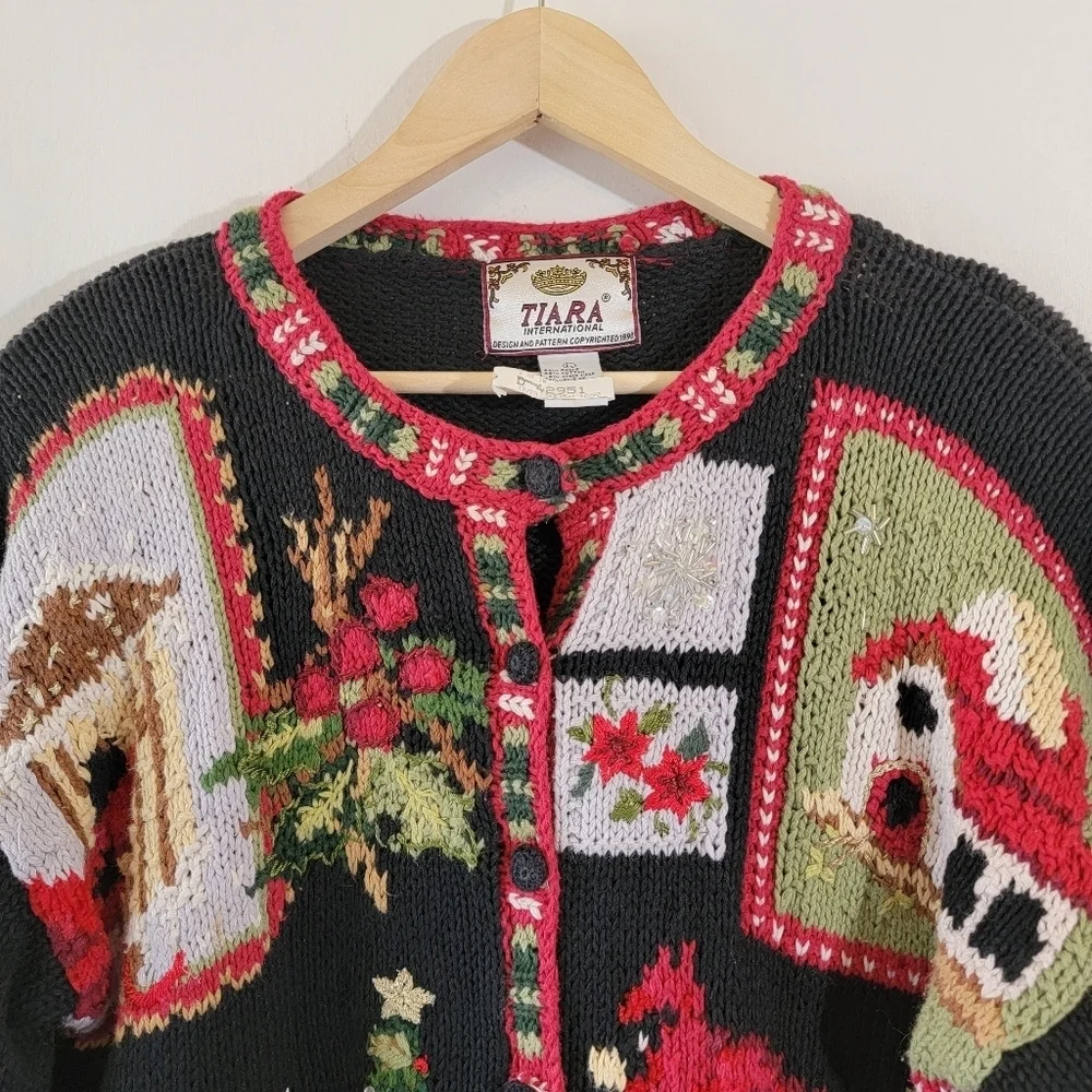 VTG TIARA 3-D Knit Ugly Sweater Cardigan Sz L Cottagecore Heavy Knit Home Trees
