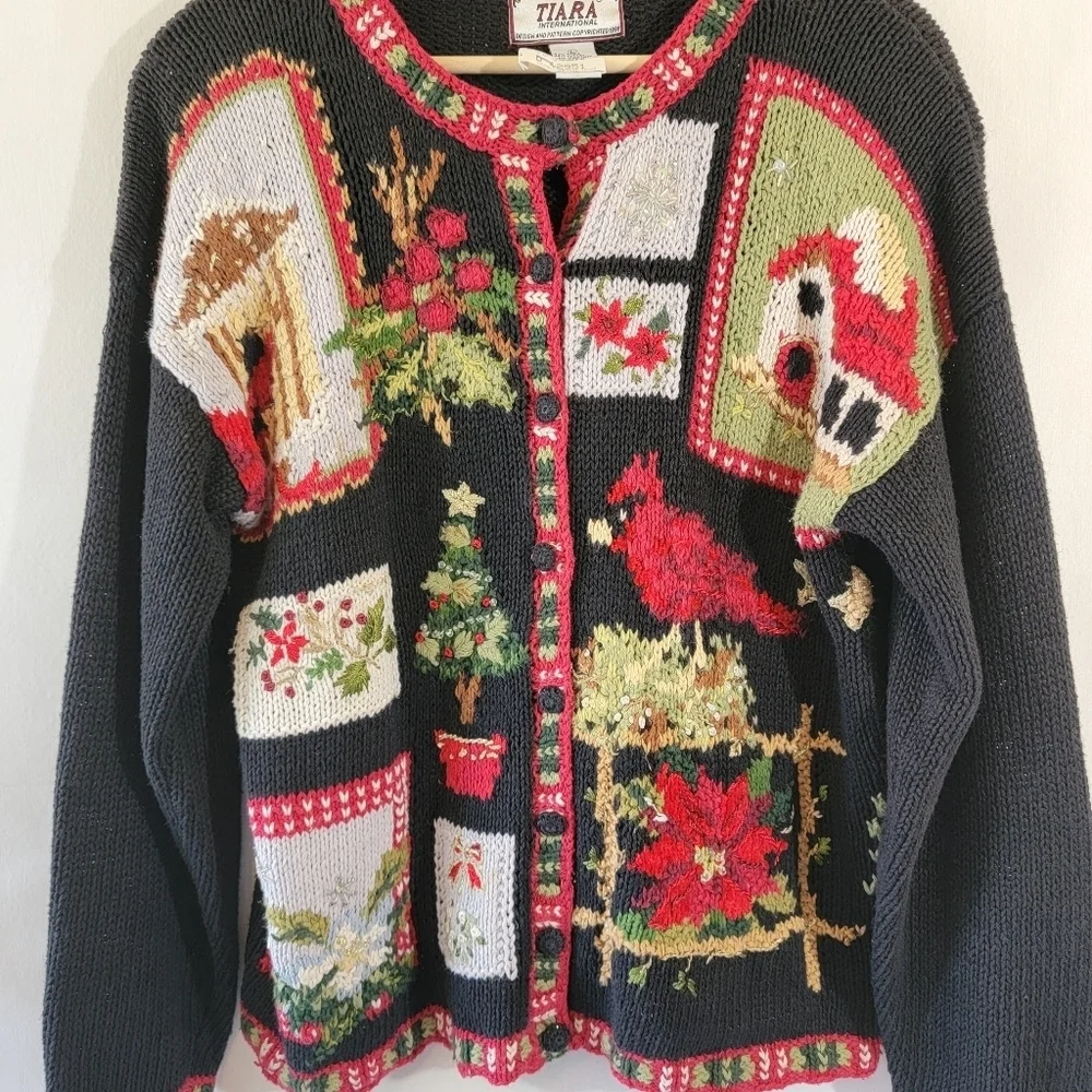VTG TIARA 3-D Knit Ugly Sweater Cardigan Sz L Cottagecore Heavy Knit Home Trees