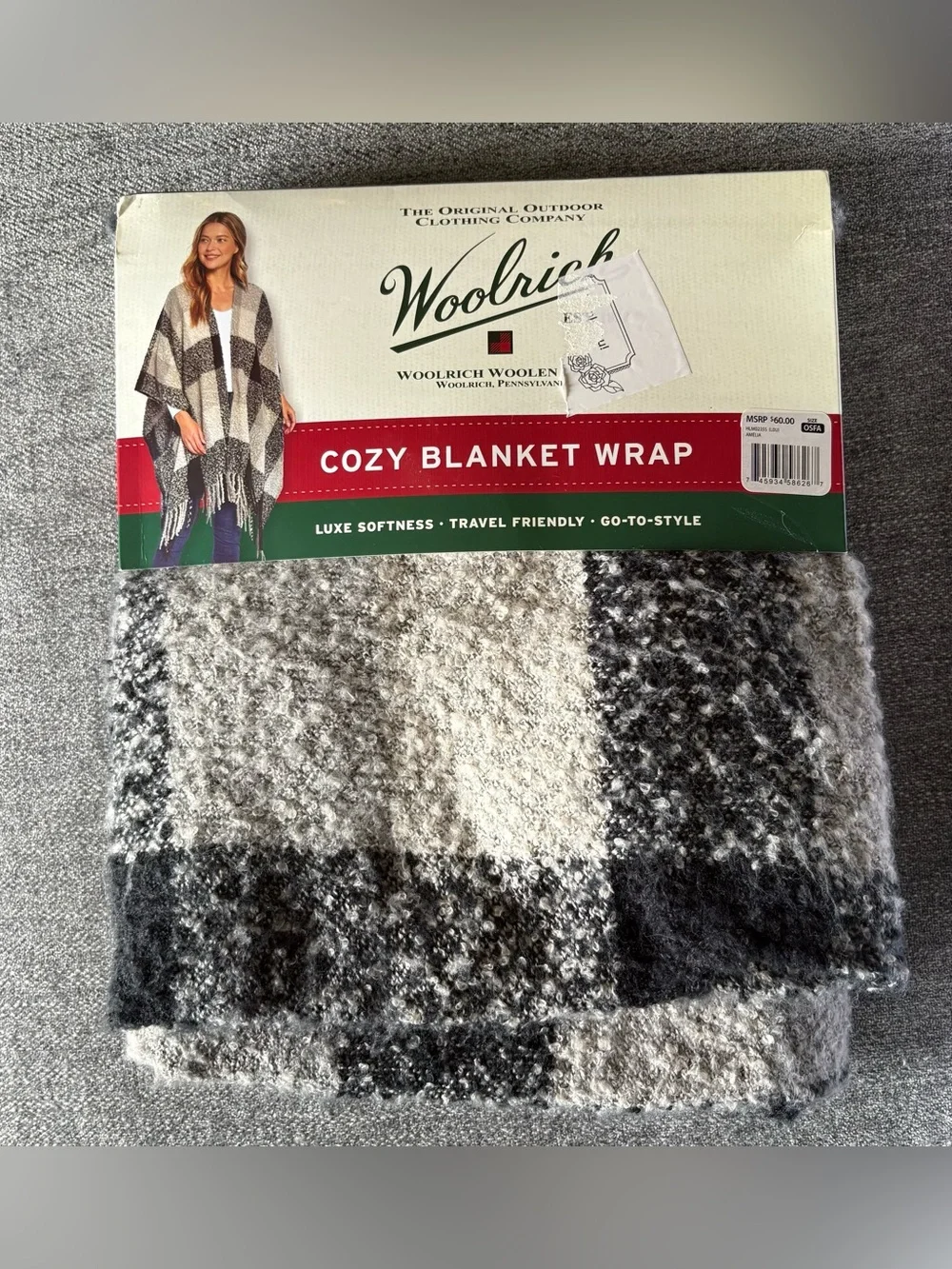 Woolrich Cozy Blanket Wrap Amelia Travel Friendly Luxe Softness One Size Gray