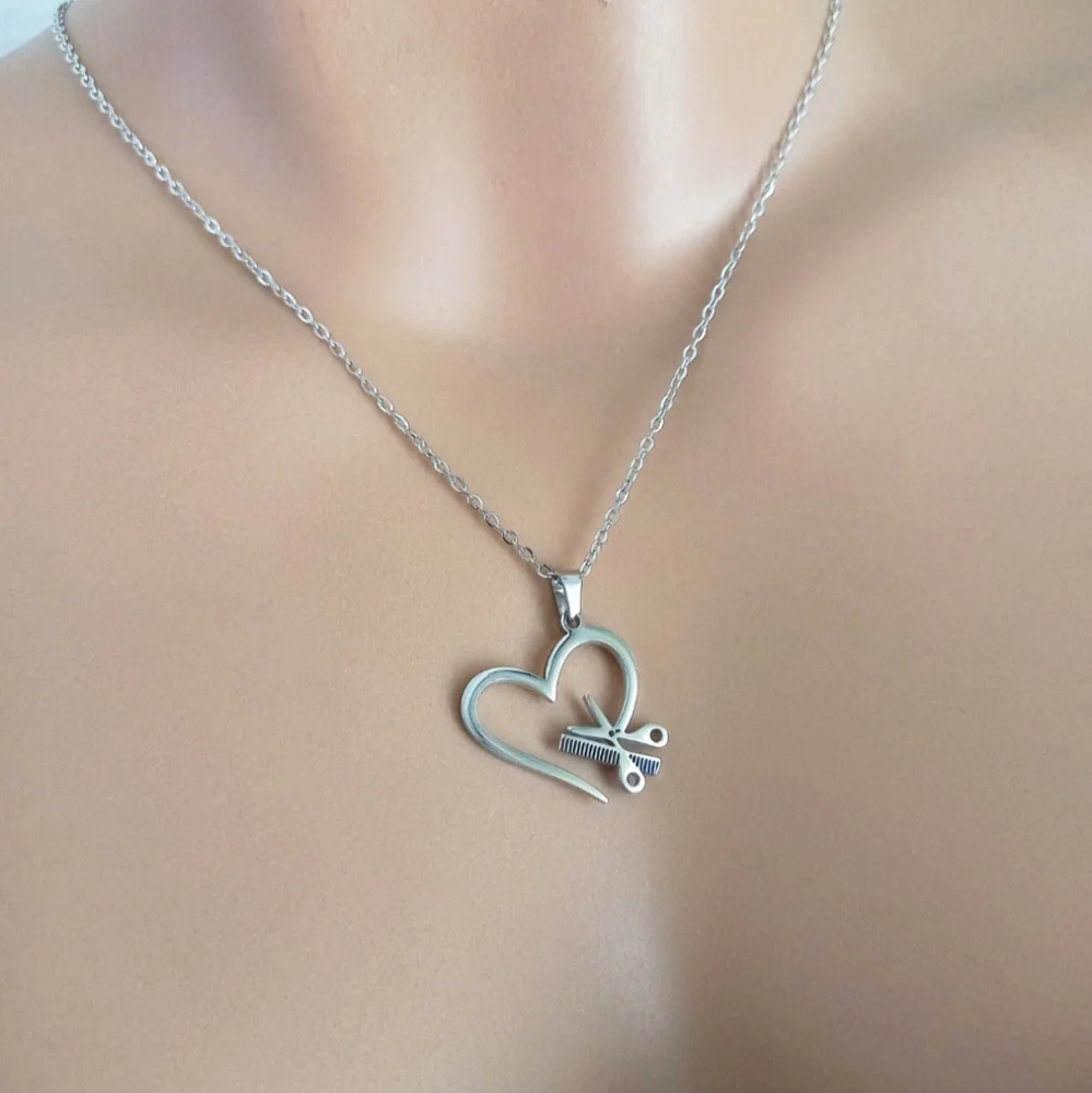 Hairdresser Salon Tools Scissor & Comb Heart Pendant‎ Hairstylist Salon Necklace
