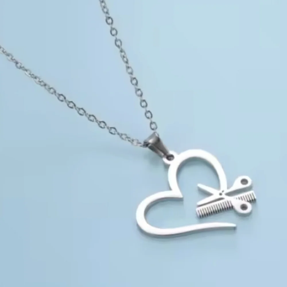 Hairdresser Salon Tools Scissor & Comb Heart Pendant‎ Hairstylist Salon Necklace