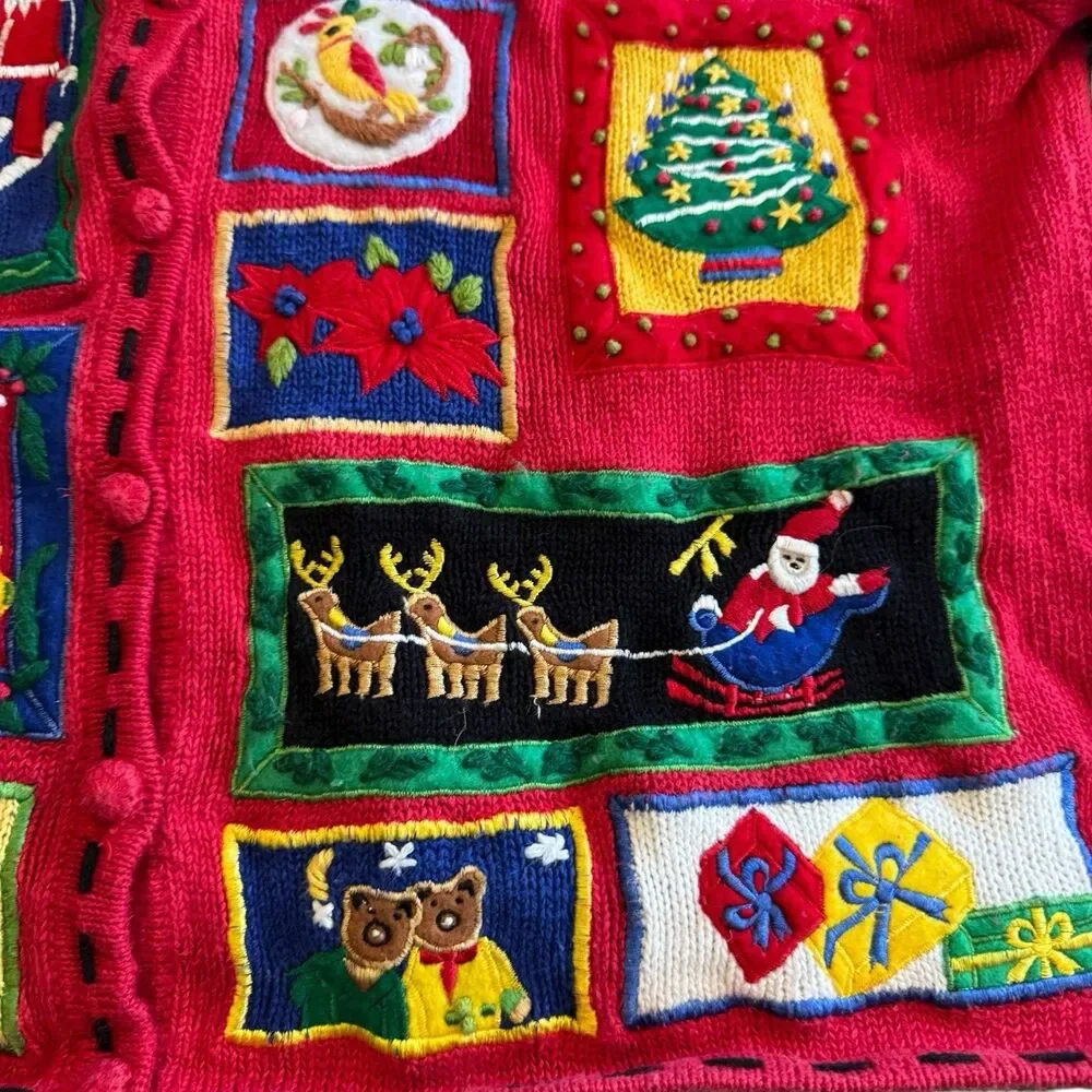 Segue Ho Ho Ho Christmas Sweater Cardigan Size L Red Womens  Button Santa Sleigh