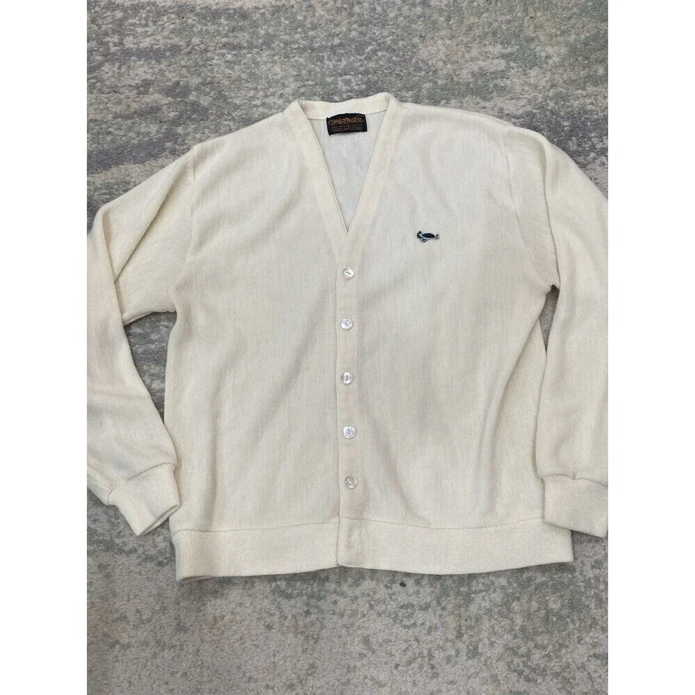 Vintage 60s 70s Sweater Mens L Turtle Logo Challenger Cream Rockabilly Cardigan