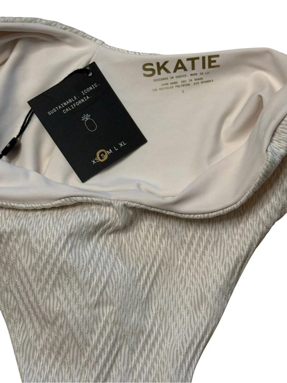 Skatie Cream with Gold Textured Thong Bikini Bottom Cheeky Size Small NWT