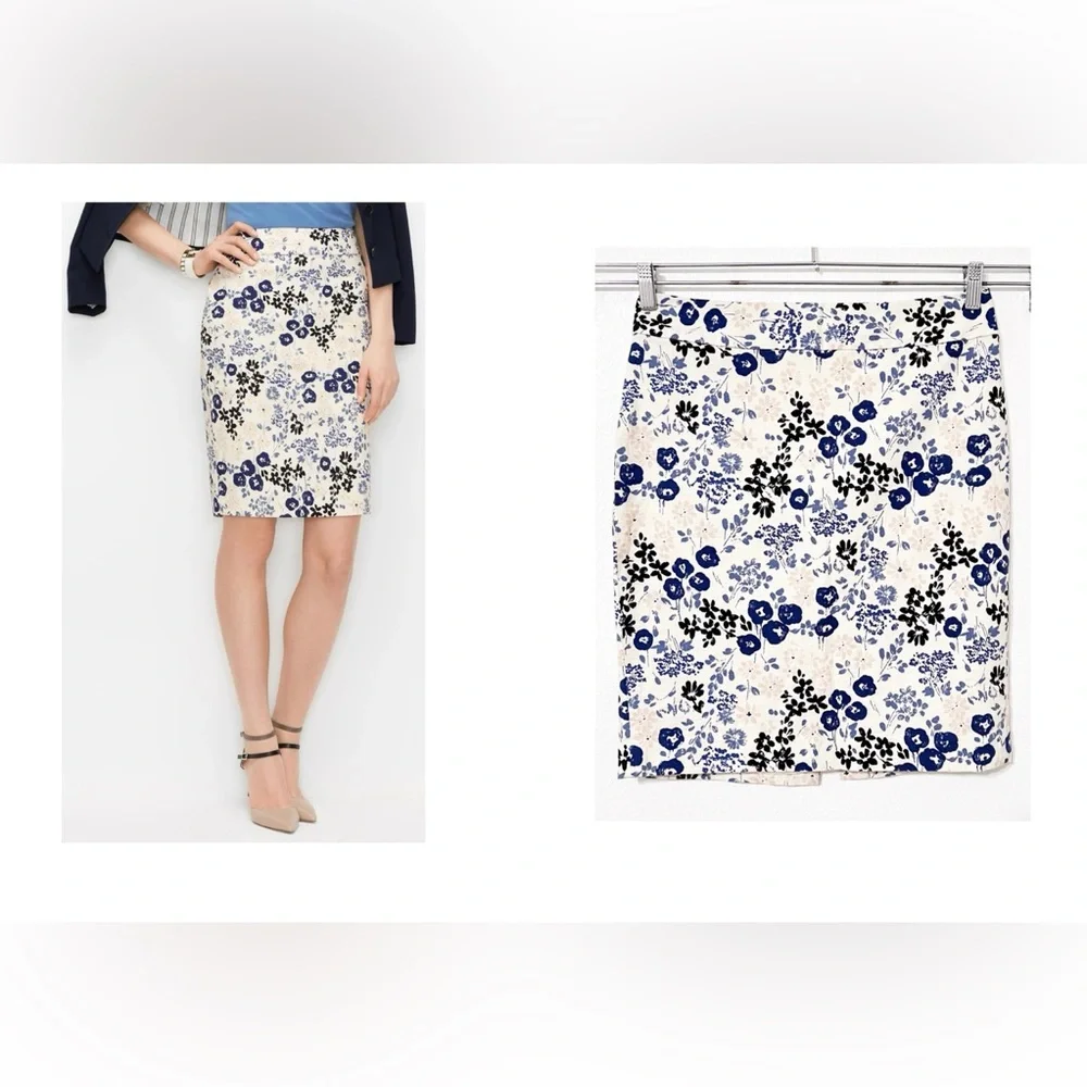 Ann Taylor Cream Pencil Skirt Knee-Length Work Floral Lined Cotton Elevate Work
